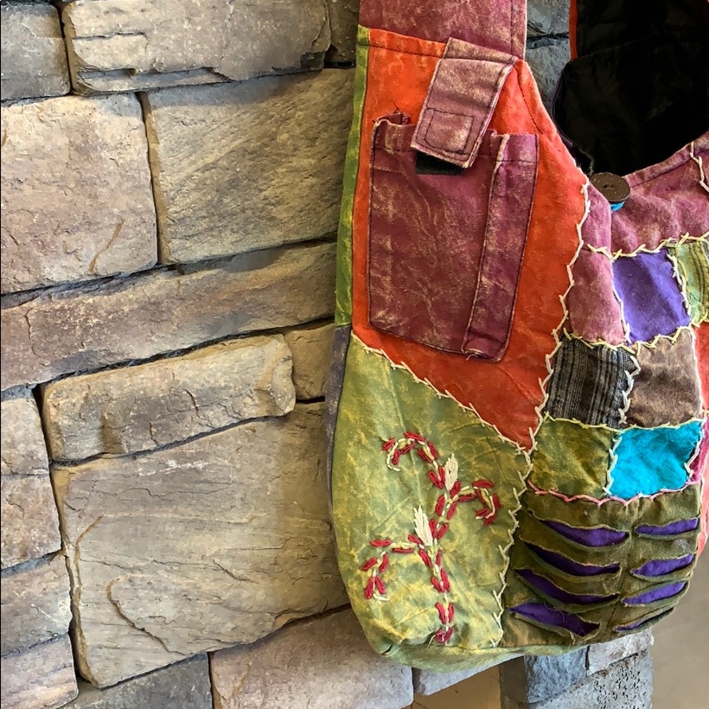 Nepal Hippie Satchel | Large Vibrant Stitched Patch Purse | Bucket Bag Colorful - Picture 3 of 8